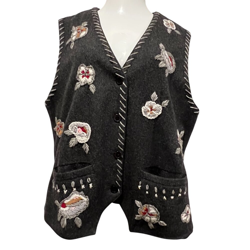 Together Vintage Wool Embroidered Button Vest, Pockets, Gray, XL
